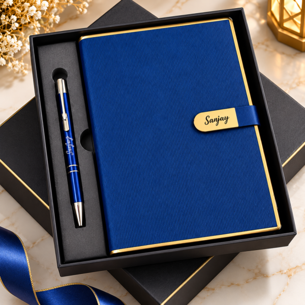 Premium Customized Blue Diary & Metal Pen Gift Set with Gift Box | Personalized Name Notebook for Corporate Gifting, Office & Professionals