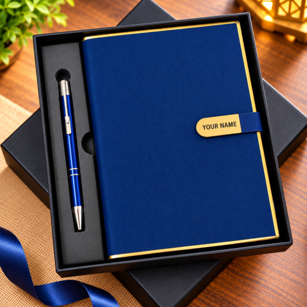Premium Customized Blue Diary & Metal Pen Gift Set with Gift Box | Personalized Name Notebook for Corporate Gifting, Office & Professionals