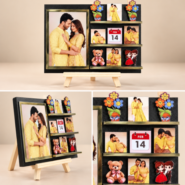 Personalized Romantic Photo Display Collage-4 Personalized Couple Photo Standee with Custom Date | Miniature Memory Frame with Wooden Stand for Anniversary, Wedding & Valentine’s Day Gift