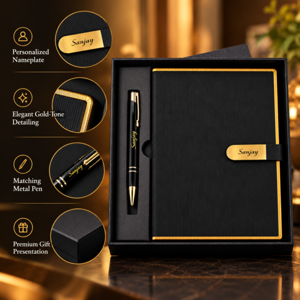 Premium Customized Black Diary & Metal Pen Gift Set with Name Engraving | Personalized Corporate Gift Combo for Employees, Clients & Diwali