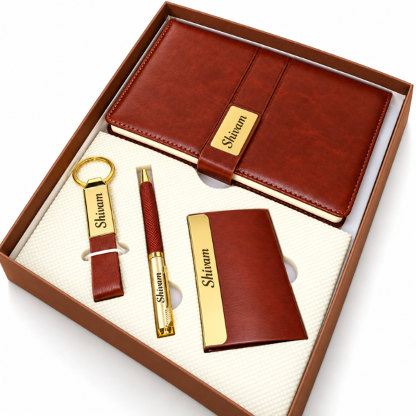 Personalized 4-in-1 Gift Set for Men with Custom Name | Brown A5 Diary, Metal Pen, Keychain & Card Holder in Gift Box | Corporate Gift Combo