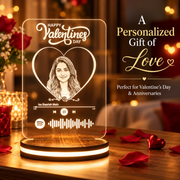 Personalized Valentine’s Day Spotify Photo LED Lamp with Custom Portrait | 3D Illusion Acrylic Night Light with Wooden Base, Romantic Gift for Couples
