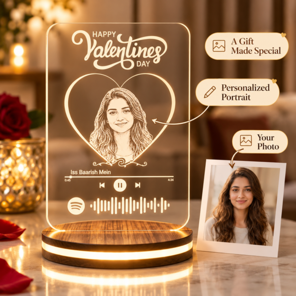 Personalized Valentine’s Day Spotify Photo LED Lamp with Custom Portrait | 3D Illusion Acrylic Night Light with Wooden Base, Romantic Gift for Couples