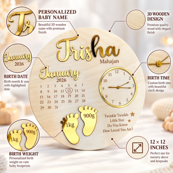Personalized Wooden Baby Keepsake Plaque Personalized Newborn Baby Birth Announcement Plaque with Name & Birth Details | Wooden Baby Stats Clock Keepsake | 12 Inch