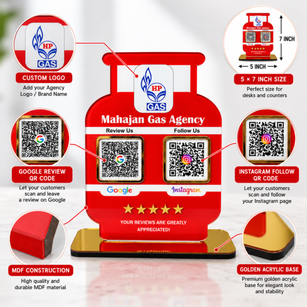 Red Gas Cylinder QR Display Infographic Customized QR Code Standee for Gas Agency | Gas Cylinder Shape with 2 Custom QR Codes | 5x7 Inch