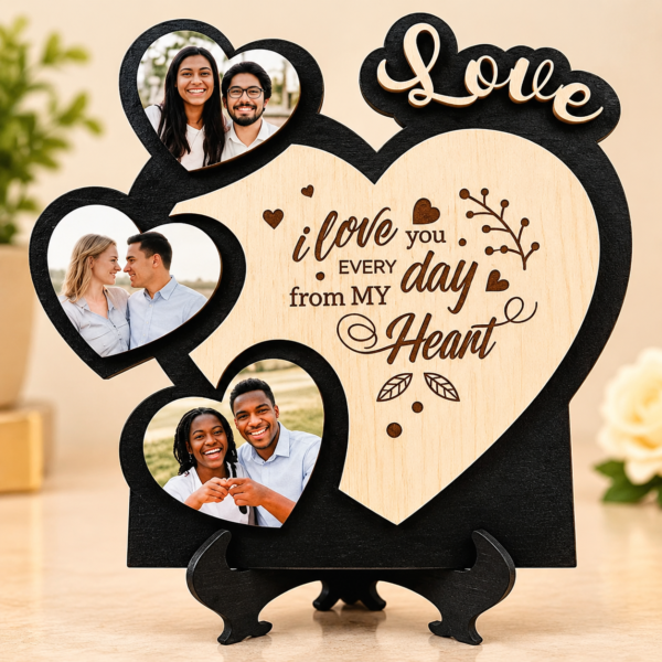 Personalized Wooden Love Photo Frame with 3 Heart-Shaped Photo Slots | Custom Romantic Couple Gift for Anniversary, Wedding & Valentine’s Day – 8 × 8 Inch