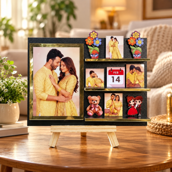 Romantic Couple Collage Display-3 Personalized Couple Photo Standee with Custom Date | Miniature Memory Frame with Wooden Stand for Anniversary, Wedding & Valentine’s Day Gift