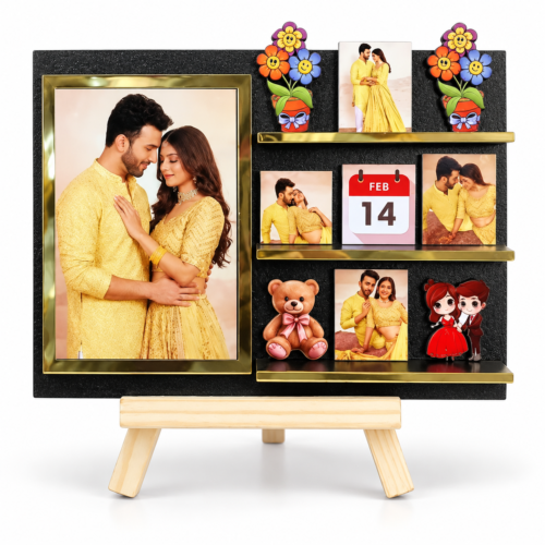 Romantic Gold-Trimmed Couple Keepsake Display-1 Personalized Couple Photo Standee with Custom Date | Miniature Memory Frame with Wooden Stand for Anniversary, Wedding & Valentine’s Day Gift