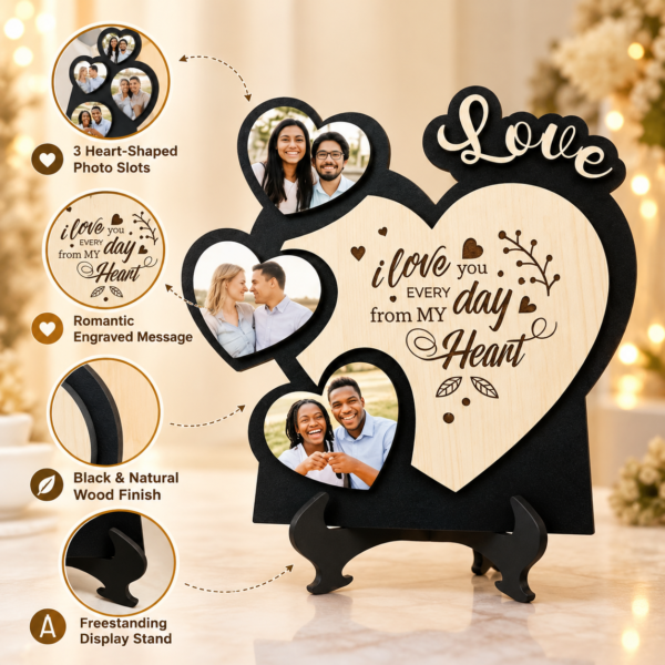 Personalized Wooden Love Photo Frame with 3 Heart-Shaped Photo Slots | Custom Romantic Couple Gift for Anniversary, Wedding & Valentine’s Day – 8 × 8 Inch