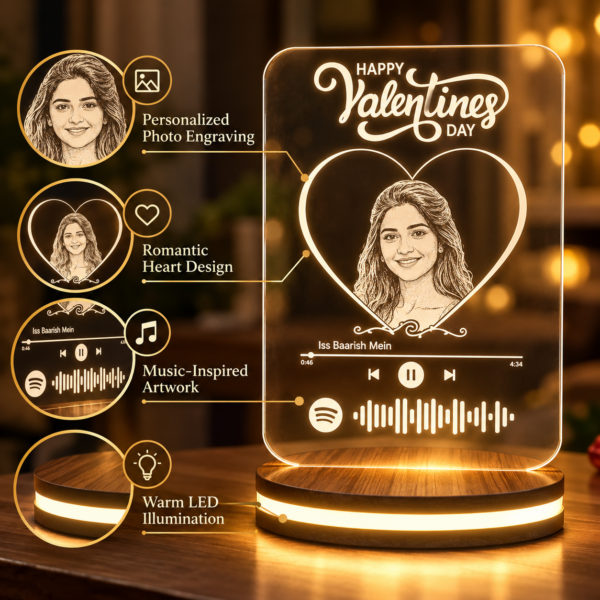 Personalized Valentine’s Day Spotify Photo LED Lamp with Custom Portrait | 3D Illusion Acrylic Night Light with Wooden Base, Romantic Gift for Couples