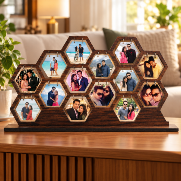 Wooden Hexagon Photo Frame Collage for Wall or Tabletop | Multi Photo Display with Rustic Finish | Personalized Couple & Family Gift
