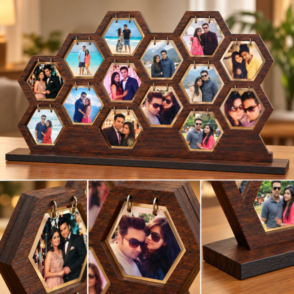 Wooden Hexagon Photo Frame Collage for Wall or Tabletop | Multi Photo Display with Rustic Finish | Personalized Couple & Family Gift