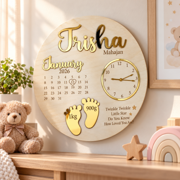 Trisha’s Cozy Nursery Milestone Plaque Personalized Newborn Baby Birth Announcement Plaque with Name & Birth Details | Wooden Baby Stats Clock Keepsake | 12 Inch