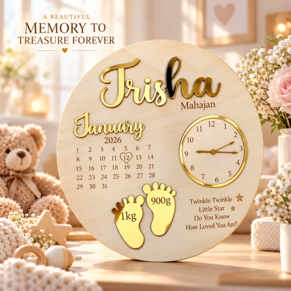 Trisha’s Golden Baby Keepsake Plaque Personalized Newborn Baby Birth Announcement Plaque with Name & Birth Details | Wooden Baby Stats Clock Keepsake | 12 Inch
