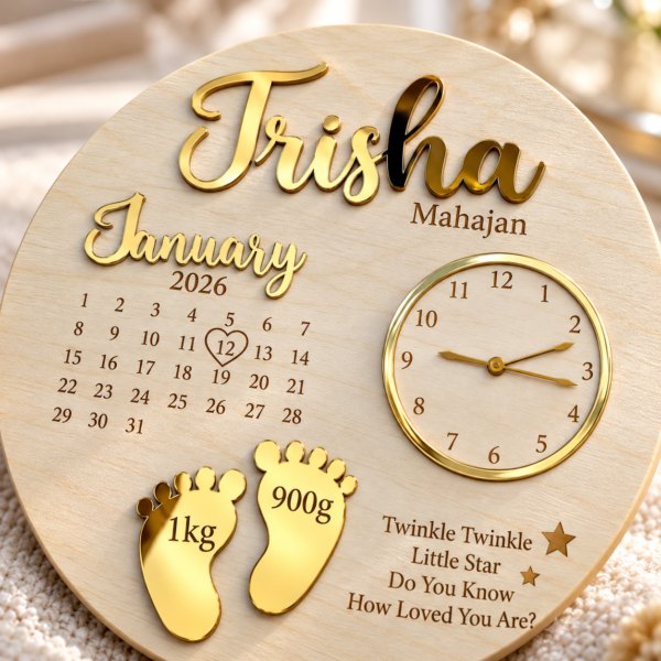 Trisha’s Golden January Birth Announcement Personalized Newborn Baby Birth Announcement Plaque with Name & Birth Details | Wooden Baby Stats Clock Keepsake | 12 Inch