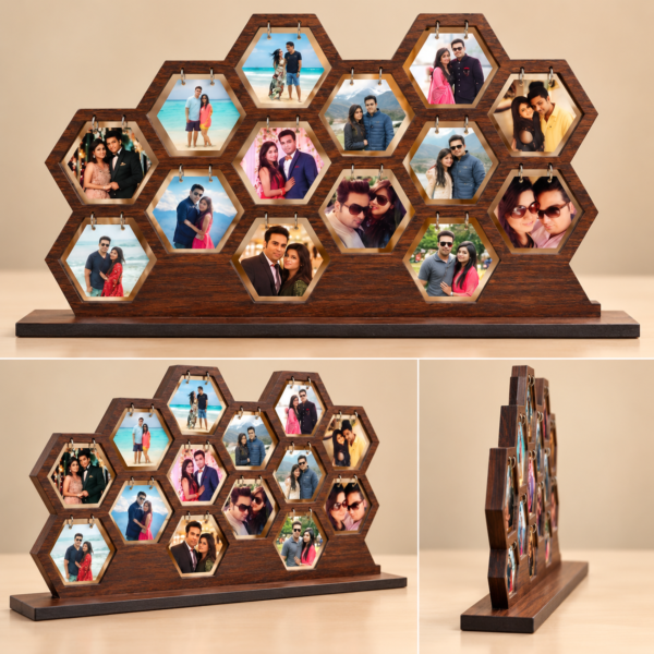 Wooden Hexagon Photo Frame Collage for Wall or Tabletop | Multi Photo Display with Rustic Finish | Personalized Couple & Family Gift