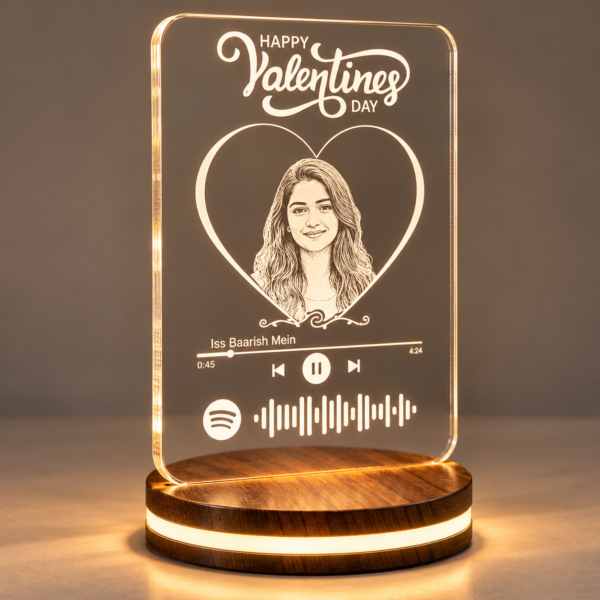 Personalized Valentine’s Day Spotify Photo LED Lamp with Custom Portrait | 3D Illusion Acrylic Night Light with Wooden Base, Romantic Gift for Couples