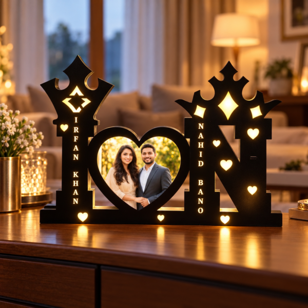 Warmly Lit Personalized Couple Display-3 Customized Couple LED Photo Frame with Heart-Shaped Picture & Names | Personalized Black Wooden Night Lamp for Husband, Wife, Anniversary & Wedding Gift – 12 × 18 Inch