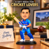 Personalized Cricket Player Caricature from Photo – 6 Inch Custom Cricketer Figurine in Blue Cricket Jersey