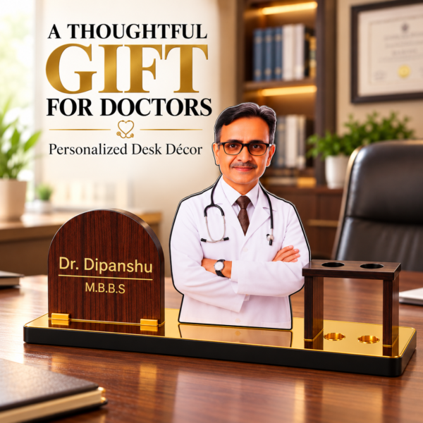 Personalized Doctor Desk Name Plate with Photo | Custom Wooden Doctor Name Board with Pen Holder for Clinic, Hospital & Medical Office