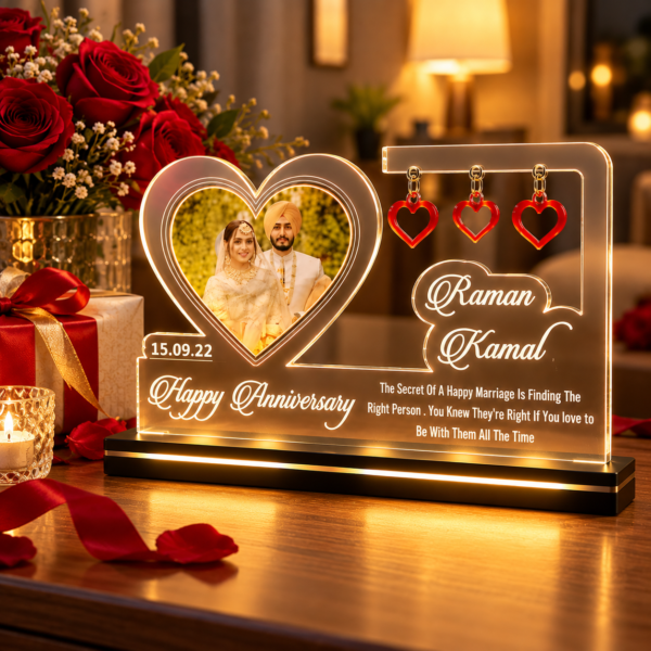 Personalized Acrylic Couple Photo Frame with LED Light Base – Custom Anniversary Gift for Husband & Wife, 6 × 8 Inch