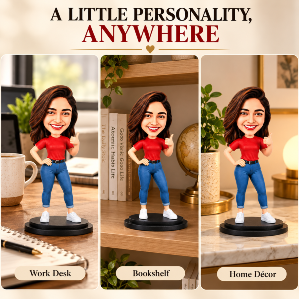 c71fcf04-bf52-43c3-aaa1-54ef913fb088 Personalized Caricature Doll from Photo – 6 Inch Custom Miniature Girl Figurine in Red T-Shirt and Blue Jeans