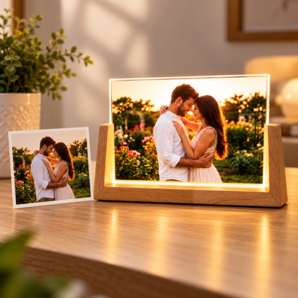 Personalized LED Photo Frame with Wooden Base – Custom 3D Acrylic Photo Collage Lamp, 8 Inch Romantic Gift
