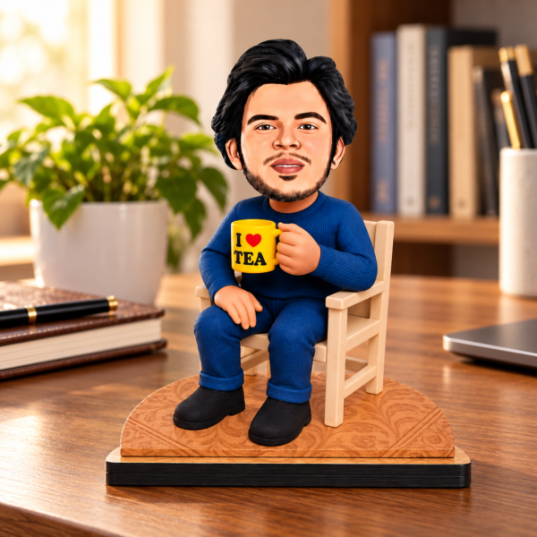 cddc0545-44ea-4e59-88d2-d97bbd3fb190 Personalized Tea Lover Caricature from Photo – 6 Inch Custom Chai Lover Figurine with I Love Tea Mug