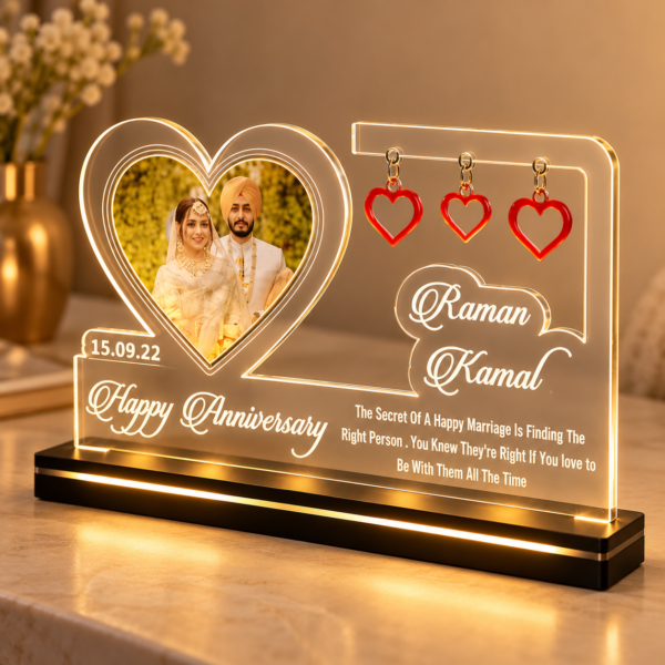 Personalized Acrylic Couple Photo Frame with LED Light Base – Custom Anniversary Gift for Husband & Wife, 6 × 8 Inch