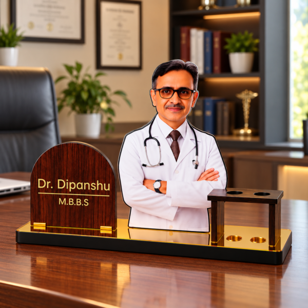 Personalized Doctor Desk Name Plate with Photo | Custom Wooden Doctor Name Board with Pen Holder for Clinic, Hospital & Medical Office
