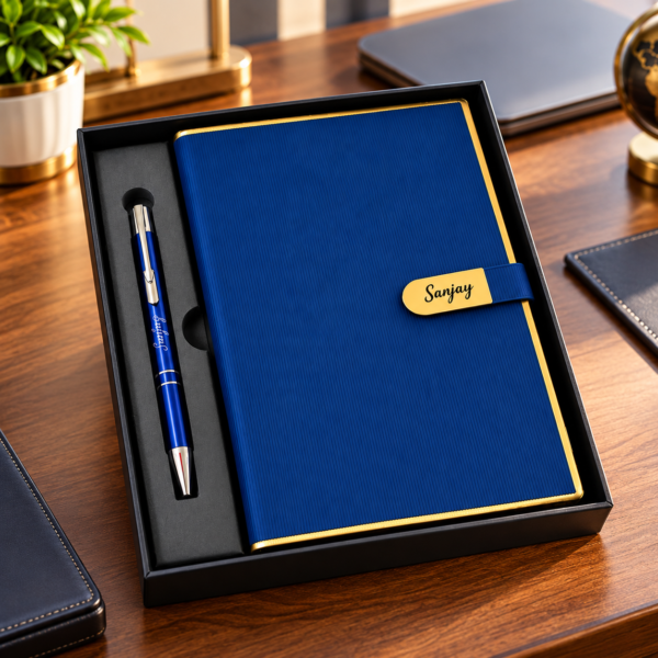 Premium Customized Blue Diary & Metal Pen Gift Set with Gift Box | Personalized Name Notebook for Corporate Gifting, Office & Professionals