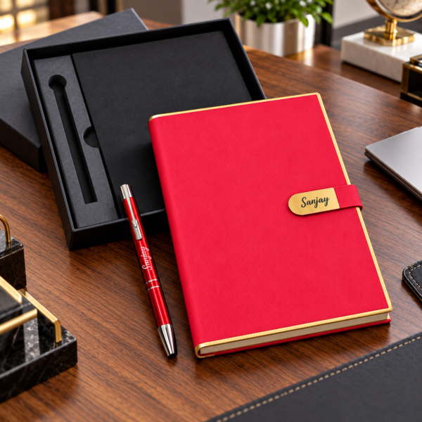 Premium Customized Red Diary & Metal Pen Gift Set with Gift Box | Personalized Name Notebook for Corporate Gifting, Office & Professionals