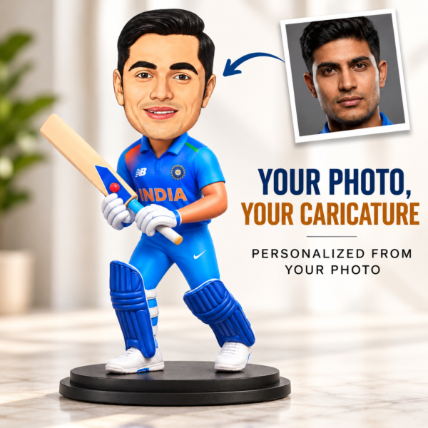 Personalized Cricket Player Caricature from Photo – 6 Inch Custom Cricketer Figurine in Blue Cricket Jersey