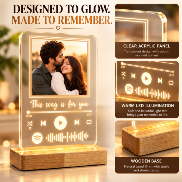 Personalized Spotify Photo LED Lamp with Custom Song Code | Acrylic Music Frame Night Light with Wooden Base
