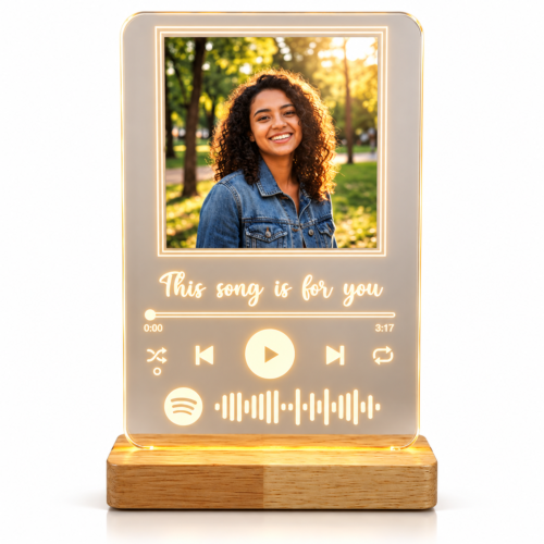 Personalized Spotify Photo LED Lamp with Custom Song Code | Acrylic Music Frame Night Light with Wooden Base