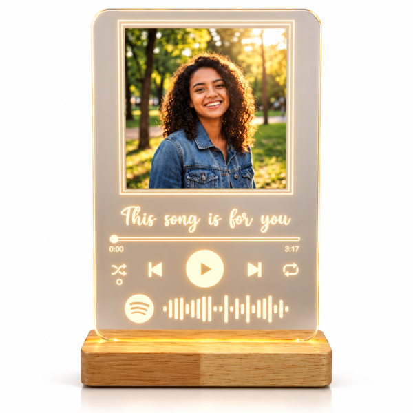 Personalized Spotify Photo LED Lamp with Custom Song Code | Acrylic Music Frame Night Light with Wooden Base