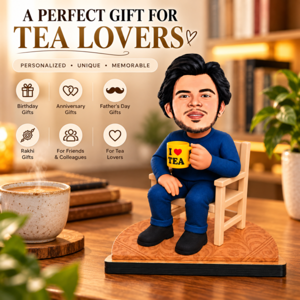 f55a5d02-e1e1-449a-b469-feb8cfd894e3 Personalized Tea Lover Caricature from Photo – 6 Inch Custom Chai Lover Figurine with I Love Tea Mug