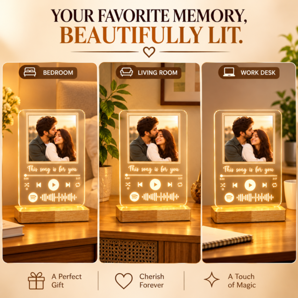 Personalized Spotify Photo LED Lamp with Custom Song Code | Acrylic Music Frame Night Light with Wooden Base